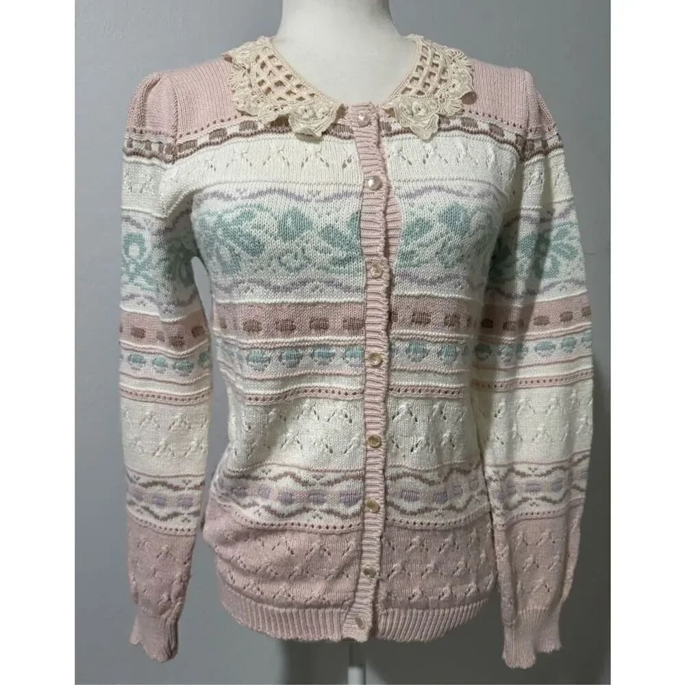 Tarazzia  grama core pink pastel Peter Pan lace collar knit sweater S